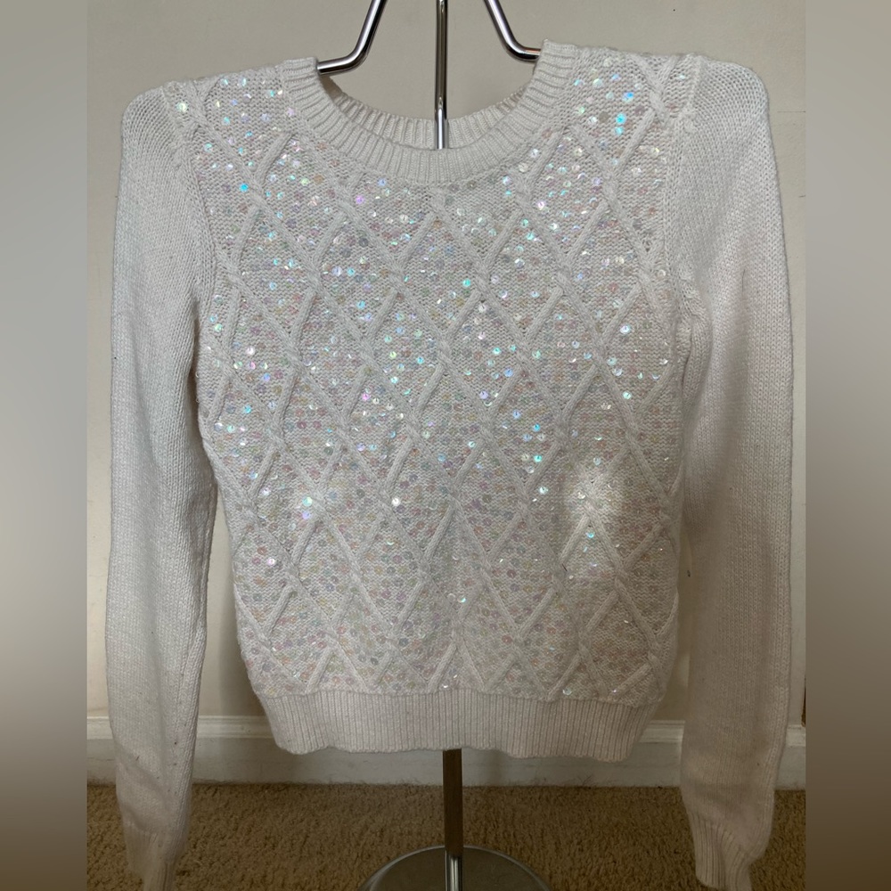 Sparkling White Sequin Cable Knit Sweater